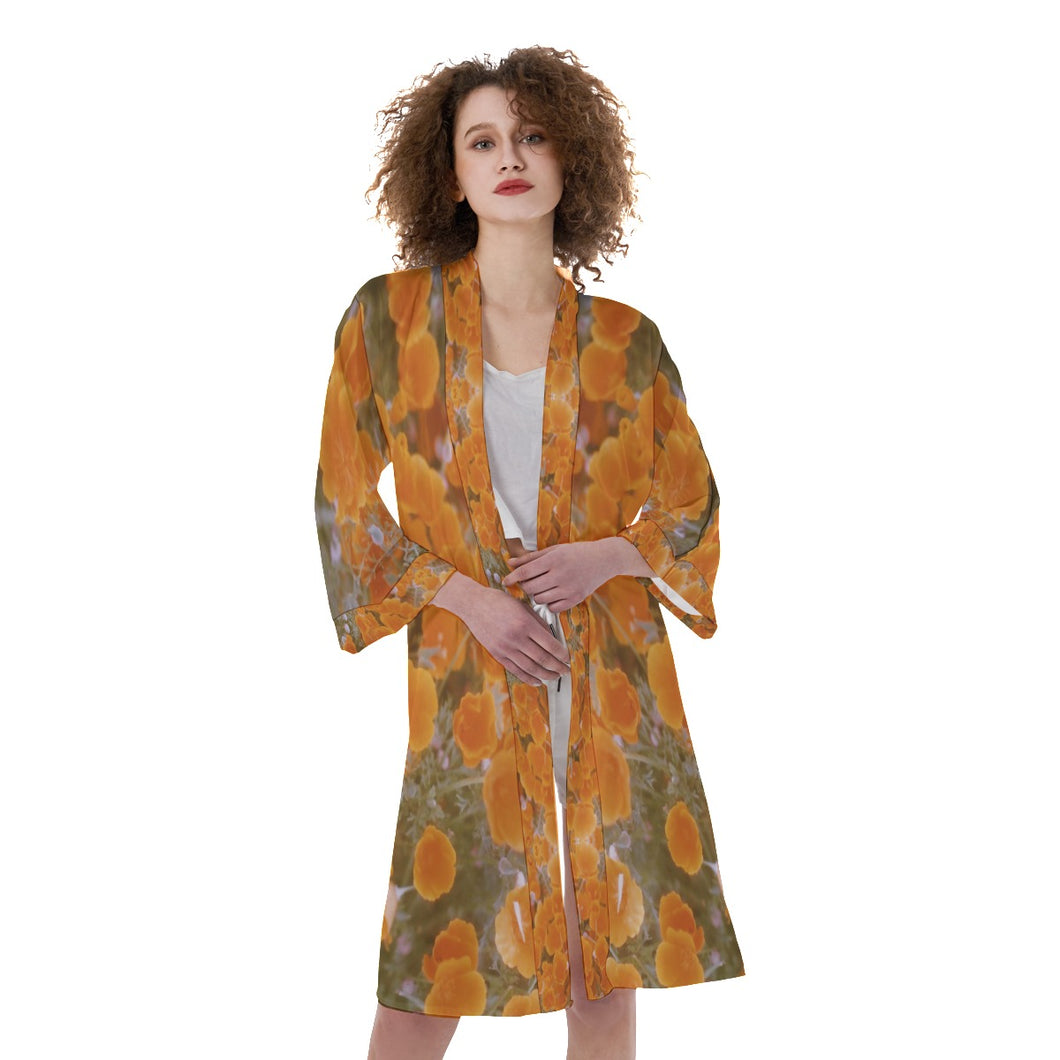 Golden Wildflowers All-Over Print Women's Satin Kimono Robe